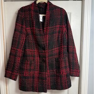 Lane Bryant Plaid Tweed Blazer Jacket Black Red Sparkle‎ Button Front Size 14 16